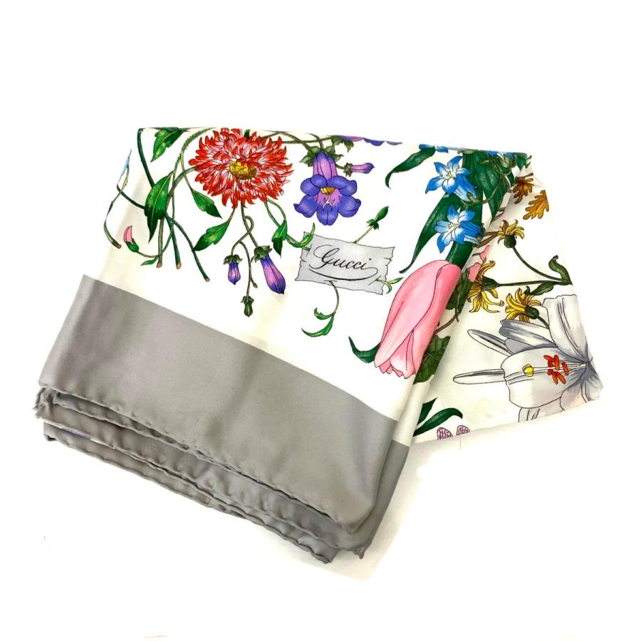 GUCCI グッチ スカーフ ホワイト/グレー シルク100% フローラ GUCCI グッチ スカーフ ホワイト/グレー シルク100% フローラ