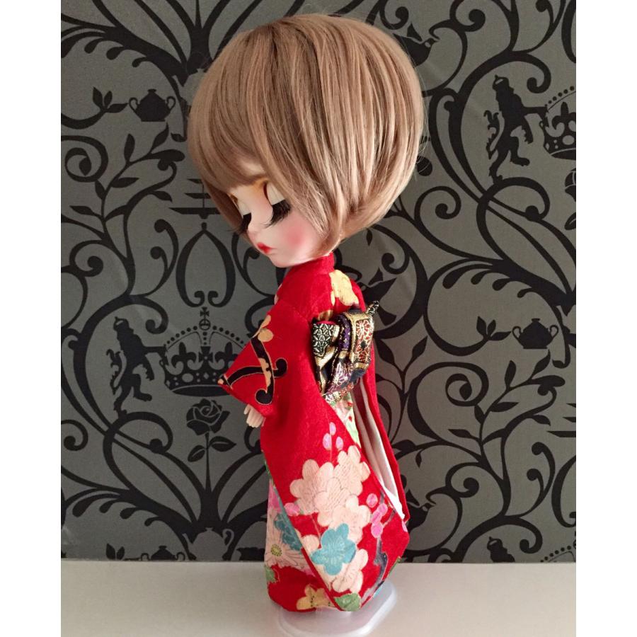 アイシードール リカちゃん 赤 古布 花模様 金襴帯 着物 作り帯