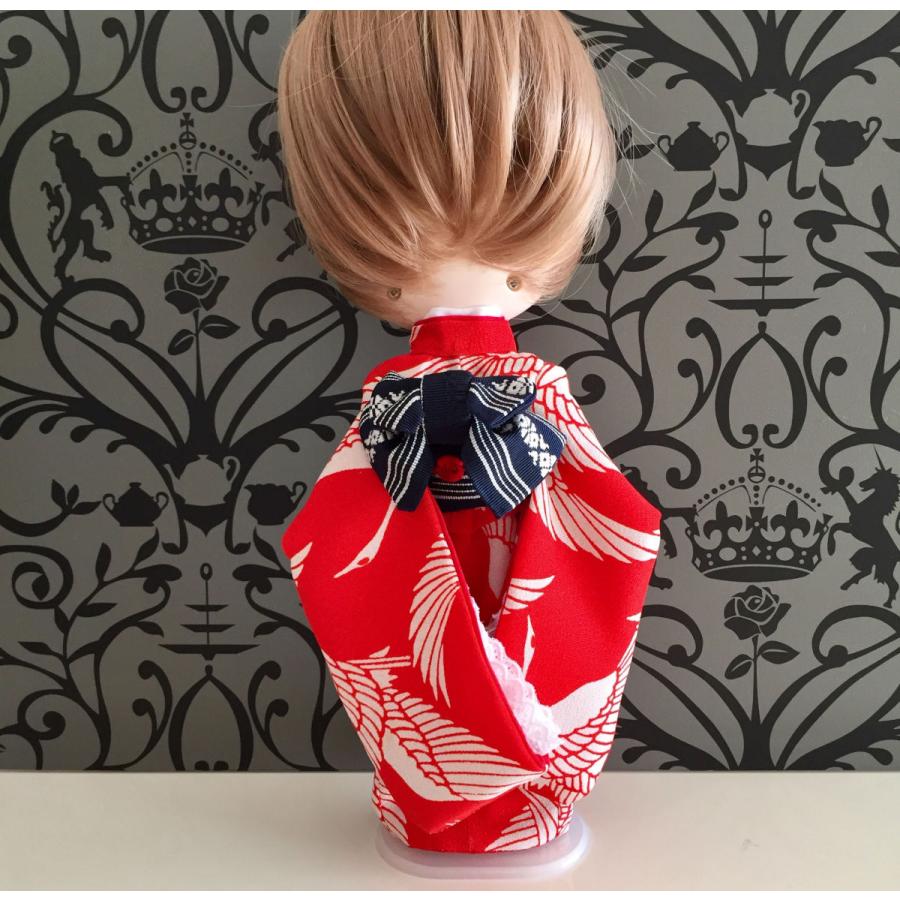 アイシードール リカちゃん 赤 古布 鶴模様 紺 博多帯 着物 作り