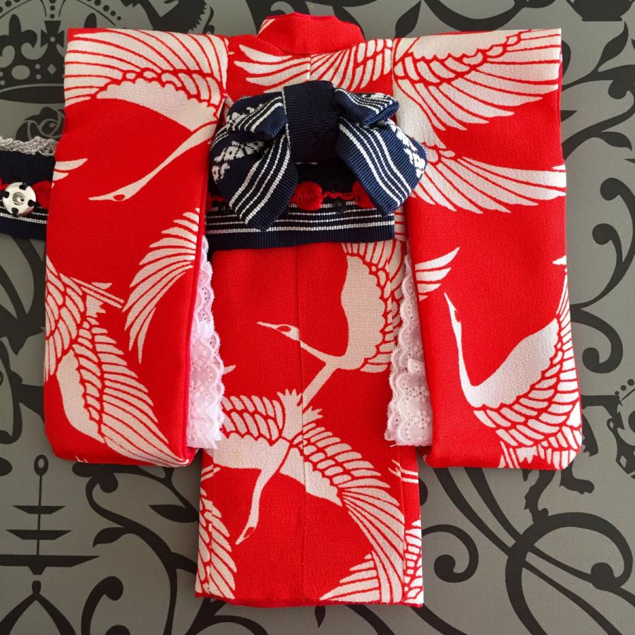 アイシードール リカちゃん 赤 古布 鶴模様 紺 博多帯 着物 作り