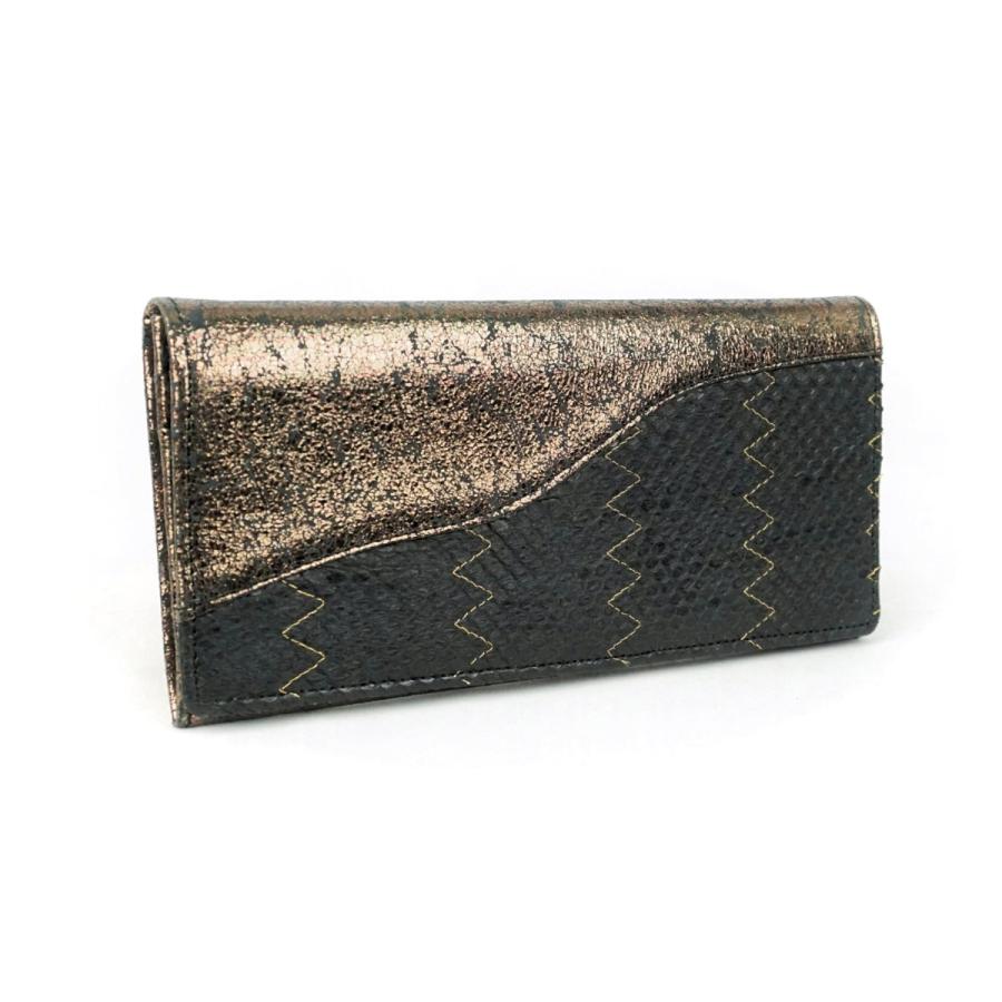 本革 パイソンレザー 蛇革×牛革 　財布　長財布　ロングウォレット　金ラメ ジグザグステッチ ブロンズ牛革 　日本製