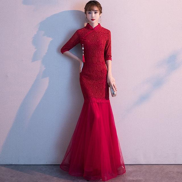 日本公式品 パーディードレス 細身 レッドドレス チャイナ風 五分袖 ワンピース ロング丈ドレス 刺繍入り 披露宴 結婚式 ドレス 発表会ドレス レディース 二次会ドレス 司会 受賞店舗 Skylanceronline Com