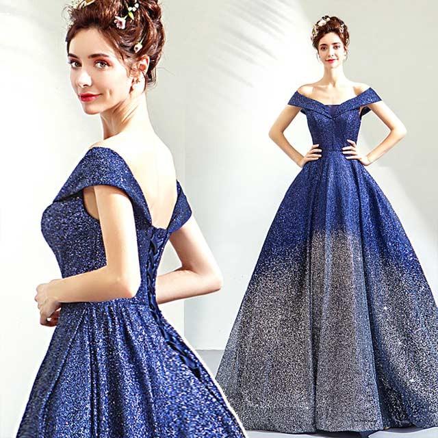 送料無料 編み上げ パーティードレス 星空 フォーマルドレス オフショルダー ブルー 花嫁二次会 おしゃれ ロングドレス お呼ばれ 演奏会 発表会 H ティージービーヤフー店 通販 Yahoo ショッピング 安い Newmatic Ae