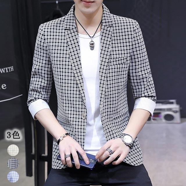 七分袖 テーラードジャケット メンズ テーラード 夏 サマージャケット スリム カジュアルジャケット ビジネス ジャケット アウター メンズ チェック柄 Y ティージービーヤフー店 通販 Yahoo ショッピング