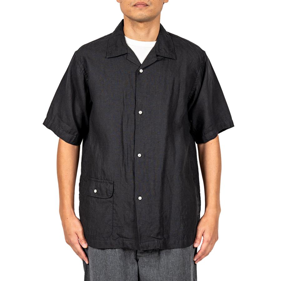 【希少!!】FLAX ブラックリネン 半袖 開襟 リネンシャツ M 大人古着 WORKERS ワーカーズ Open Collar Shirt オープンカラーシャツ リネン