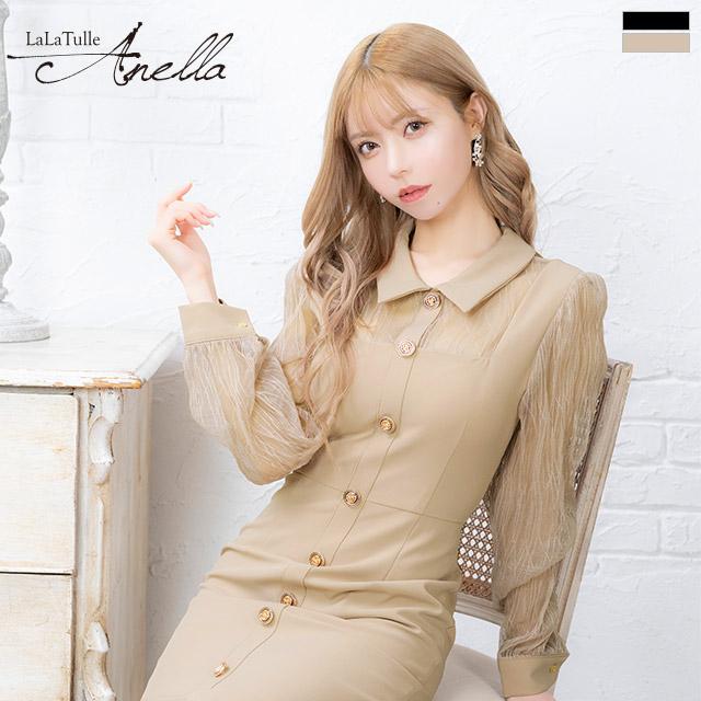 韓国風長袖フリルシースルードレス特価 Anella/アネラ] 韓国ドレス 襟デザイン シースルー長袖 スリット