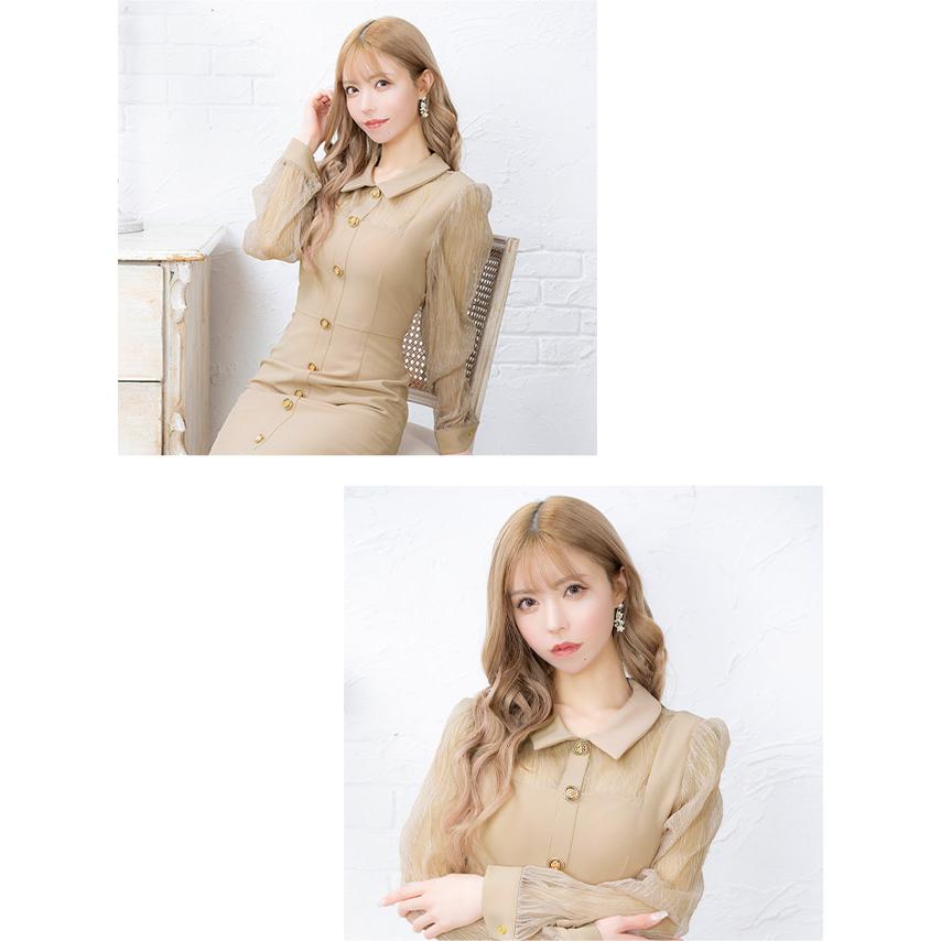[Anella/アネラ] 韓国 ファッション レディース キャバドレス 襟デザイン シースルー長袖 スリット マーメイド 膝丈 ドレス ワンピースの画像