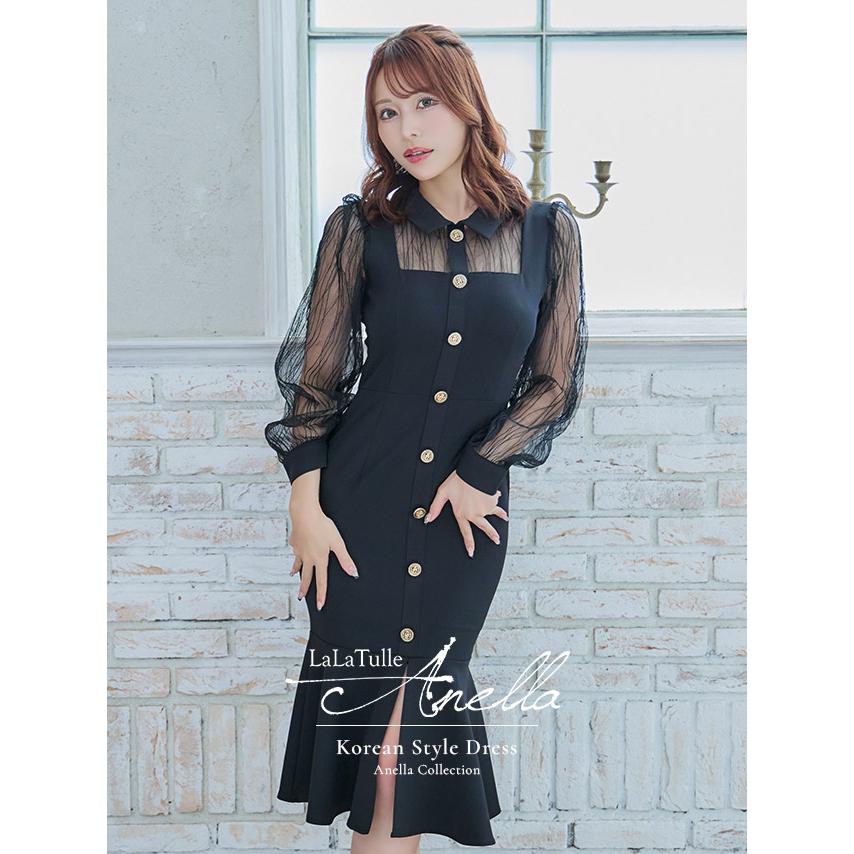 [Anella/アネラ] 韓国 ファッション レディース キャバドレス 襟デザイン シースルー長袖 スリット マーメイド 膝丈 ドレス ワンピースの画像