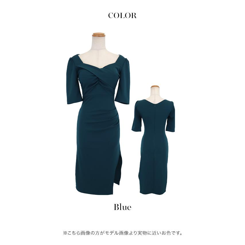 [Anella/アネラ] 韓国 ファッション レディース ワンピース タイト膝丈ドレス 半袖 スリットあり_8