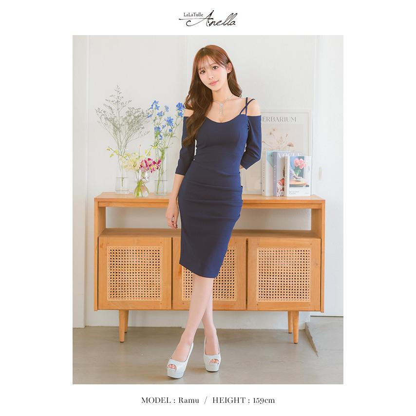 [Anella/アネラ] 韓国 ファッション レディース ワンピース 膝丈ドレス 袖あり 肩あき タックデザイン タイト_6