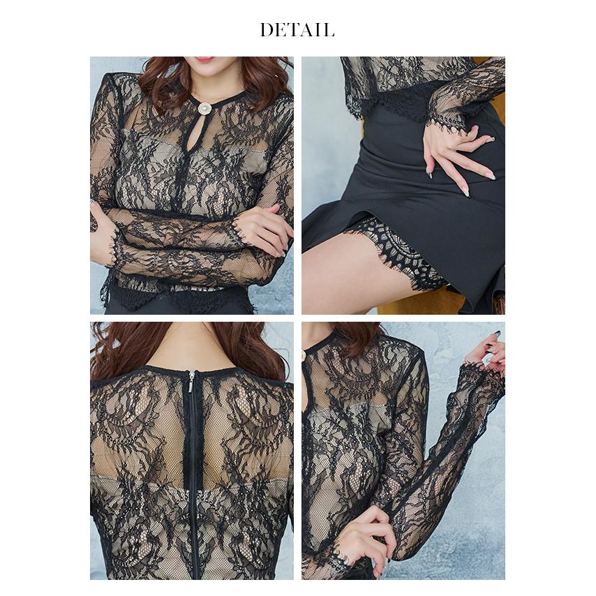 [Anella/アネラ] 韓国ドレス レース長袖 バストカット パールボタン裾 ギャザー フレア ミニ韓国ドレス 送料無料 ミニ 白 ワンピース レース