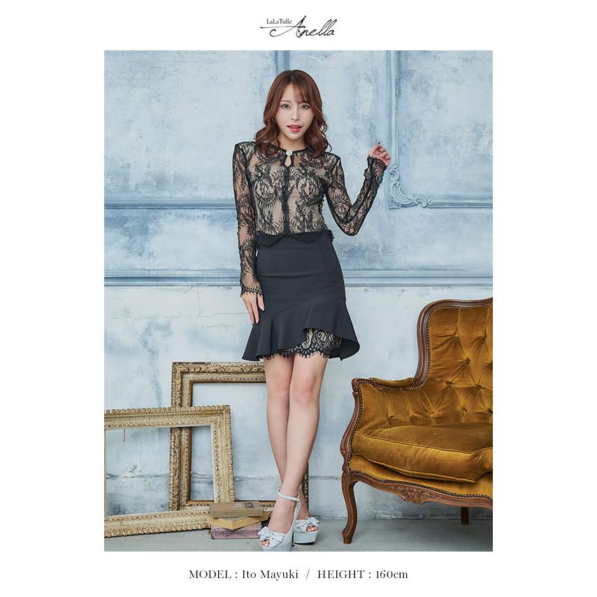 [Anella/アネラ] 韓国ドレス レース長袖 バストカット パールボタン裾 ギャザー フレア ミニ韓国ドレス 送料無料 ミニ 白 ワンピース レース