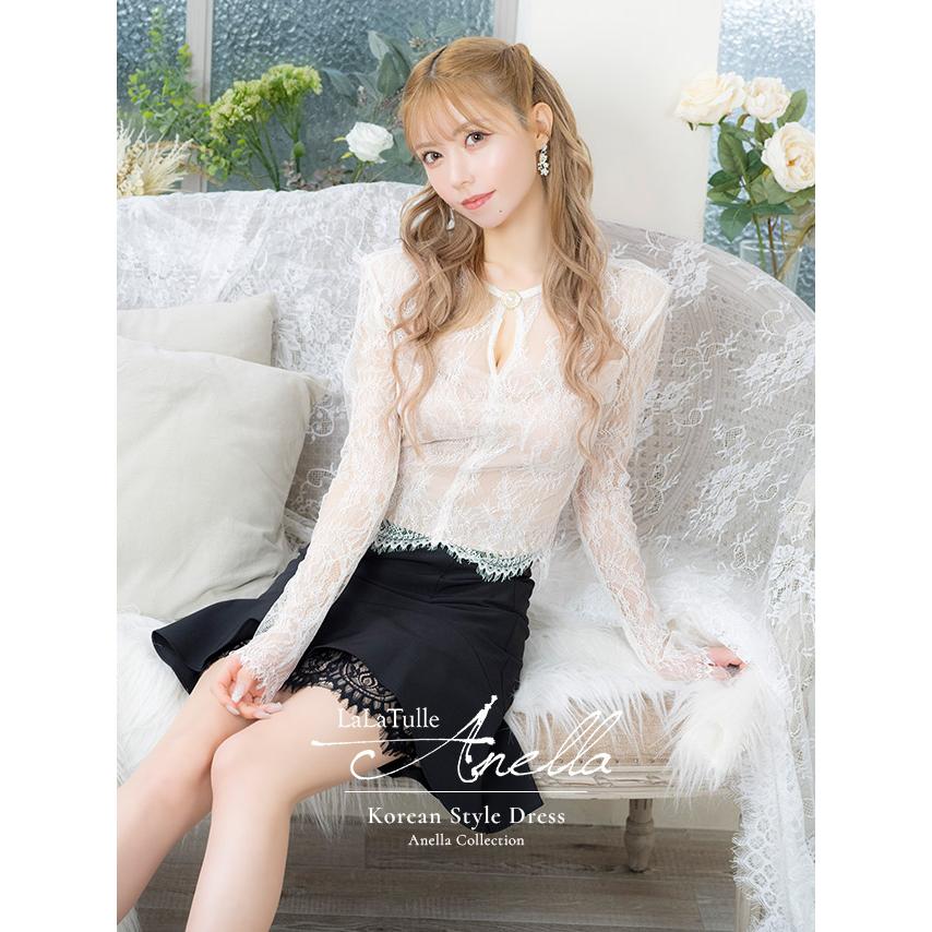 [Anella/アネラ] 韓国ドレス レース長袖 バストカット パールボタン裾 ギャザー フレア ミニ韓国ドレス 送料無料 ミニ 白 ワンピース レース