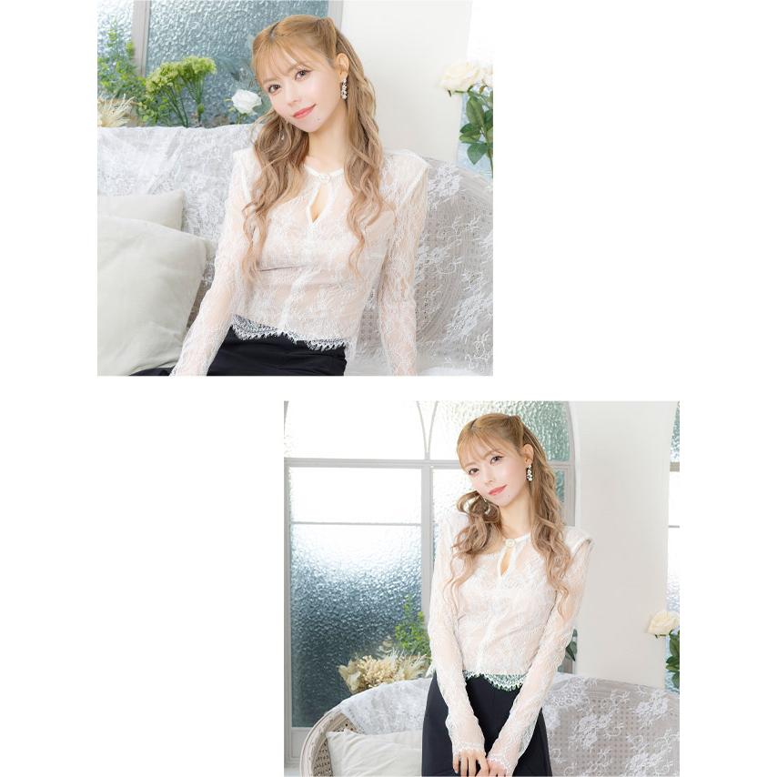 [Anella/アネラ] 韓国ドレス レース長袖 バストカット パールボタン裾 ギャザー フレア ミニ韓国ドレス 送料無料 ミニ 白 ワンピース レース