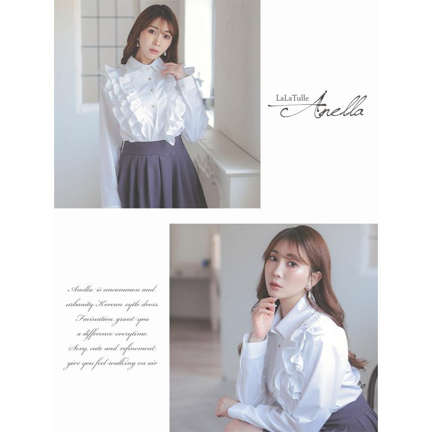[Anella/アネラ] 韓国ドレス フリル 長袖 ブラウス プリーツスカート セットアップ ミニ キャバ ドレス 送料無料