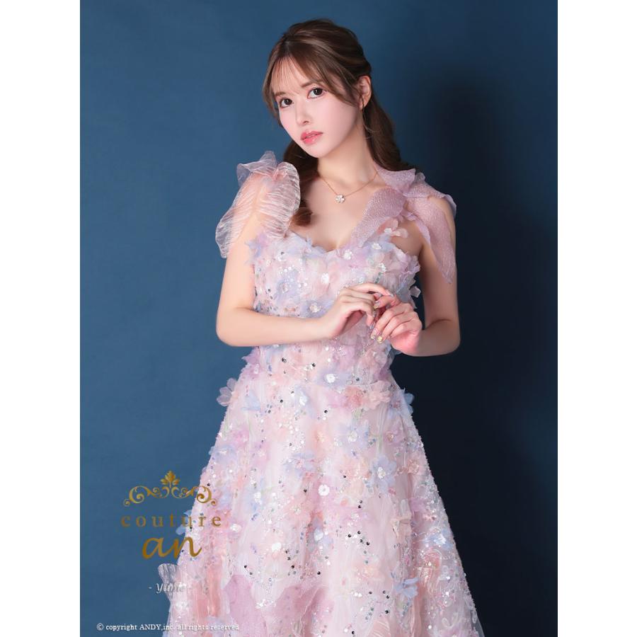 【取り寄せ商品】couturean クチュールアン 高級 ノースリーブ リボン 立体フラワー スパンコール ラメ バースデー Aライン キャバドレスの画像