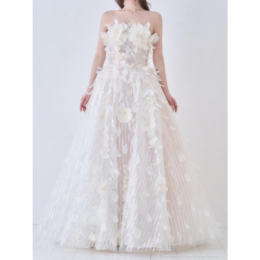 【取り寄せ商品】couturean クチュールアン 高級 ベアトップ フェザー フラワー ビジュー スパンコール バースデー Aライン キャバドレスの画像