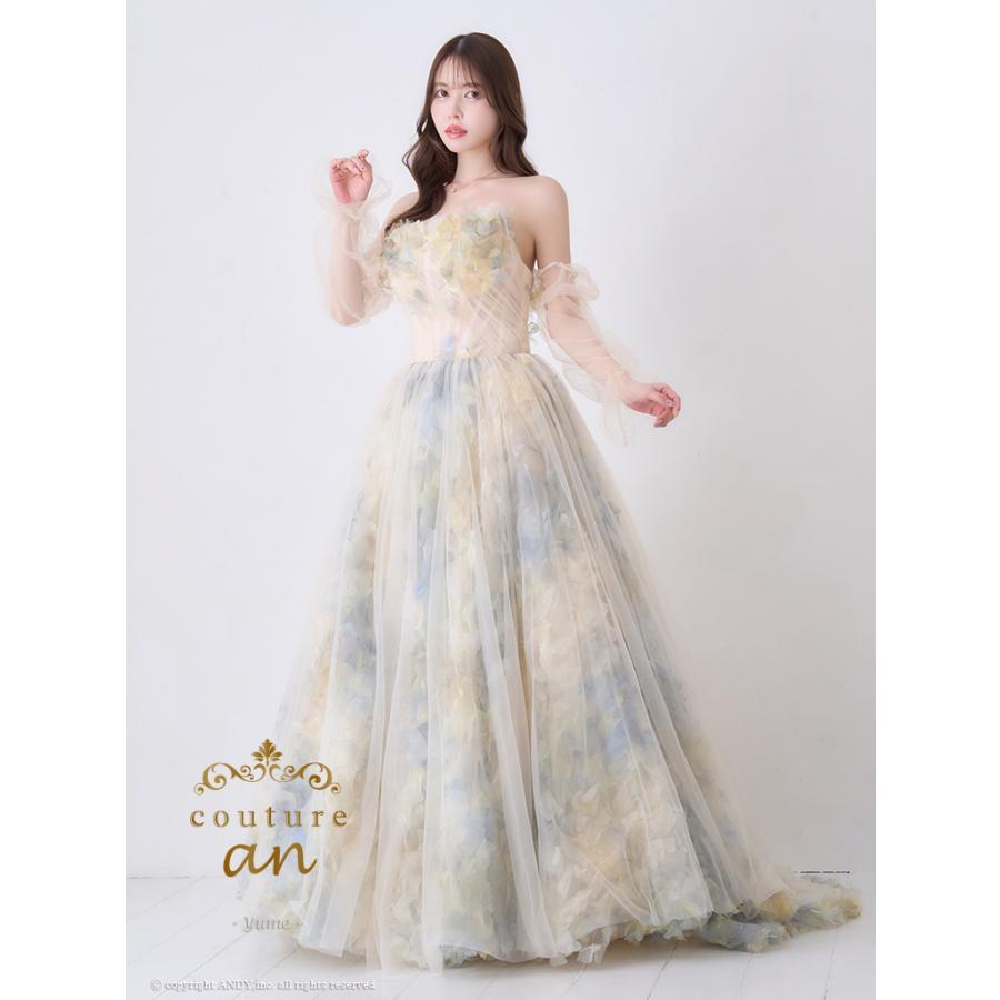 【取り寄せ商品】couturean クチュールアン 高級 ベアトップ 2way 袖あり フラワー シアー チュール バースデー フレア ロング キャバドレスの画像