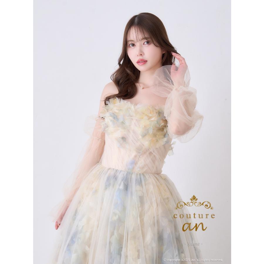 【取り寄せ商品】couturean クチュールアン 高級 ベアトップ 2way 袖あり フラワー シアー チュール バースデー フレア ロング キャバドレスの画像