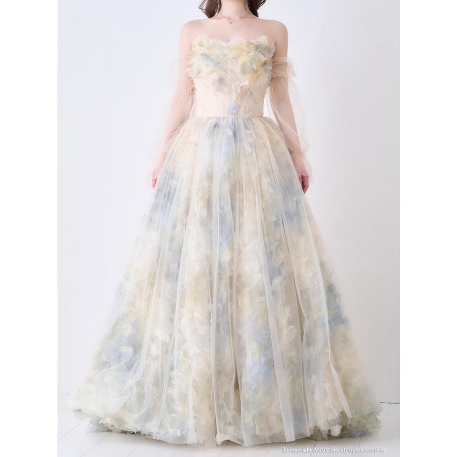 【取り寄せ商品】couturean クチュールアン 高級 ベアトップ 2way 袖あり フラワー シアー チュール バースデー フレア ロング キャバドレスの画像