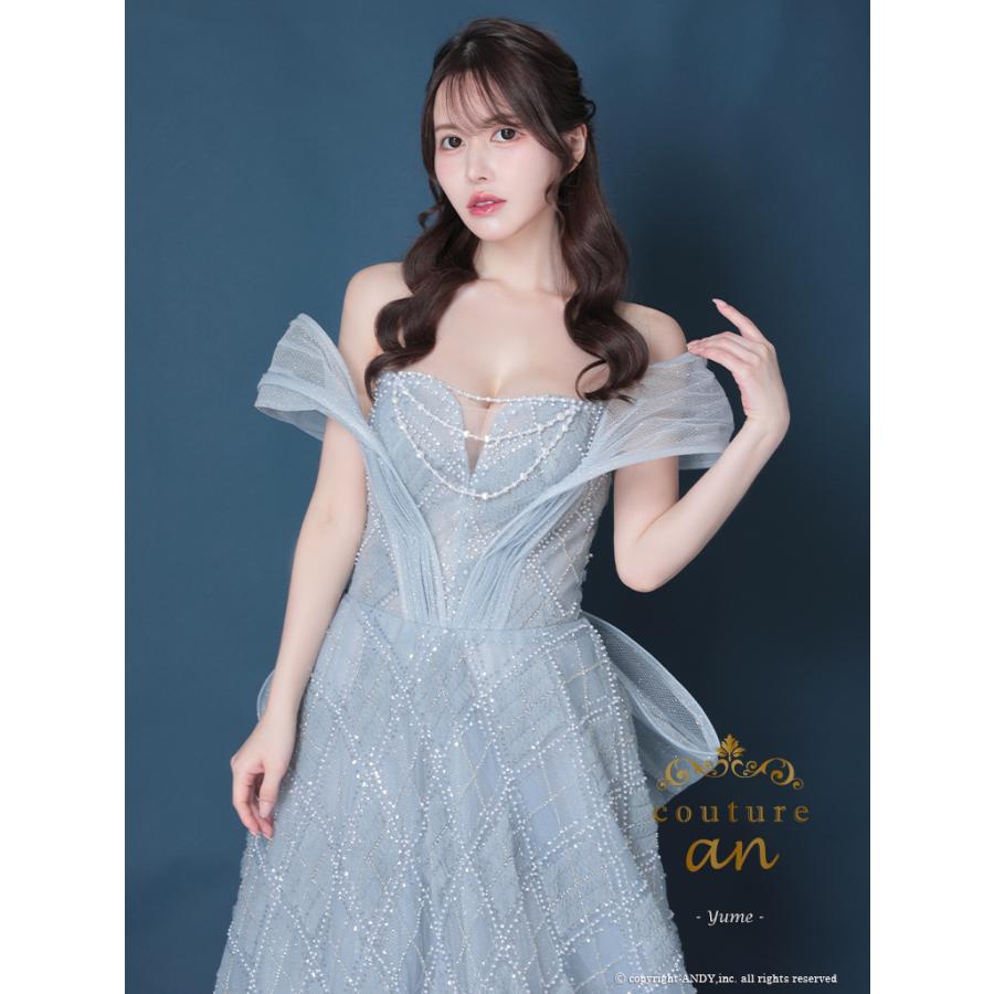 【取り寄せ商品】couturean クチュールアン 高級 ベアトップ ビジュー チェック ビジューチェーン シアー バストカット バースデー Aライン ロング キャバドレスの画像