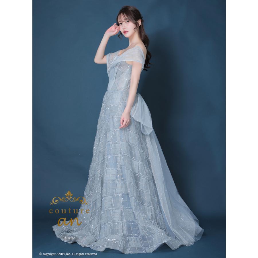 【取り寄せ商品】couturean クチュールアン 高級 ベアトップ ビジュー チェック ビジューチェーン シアー バストカット バースデー Aライン ロング キャバドレスの画像