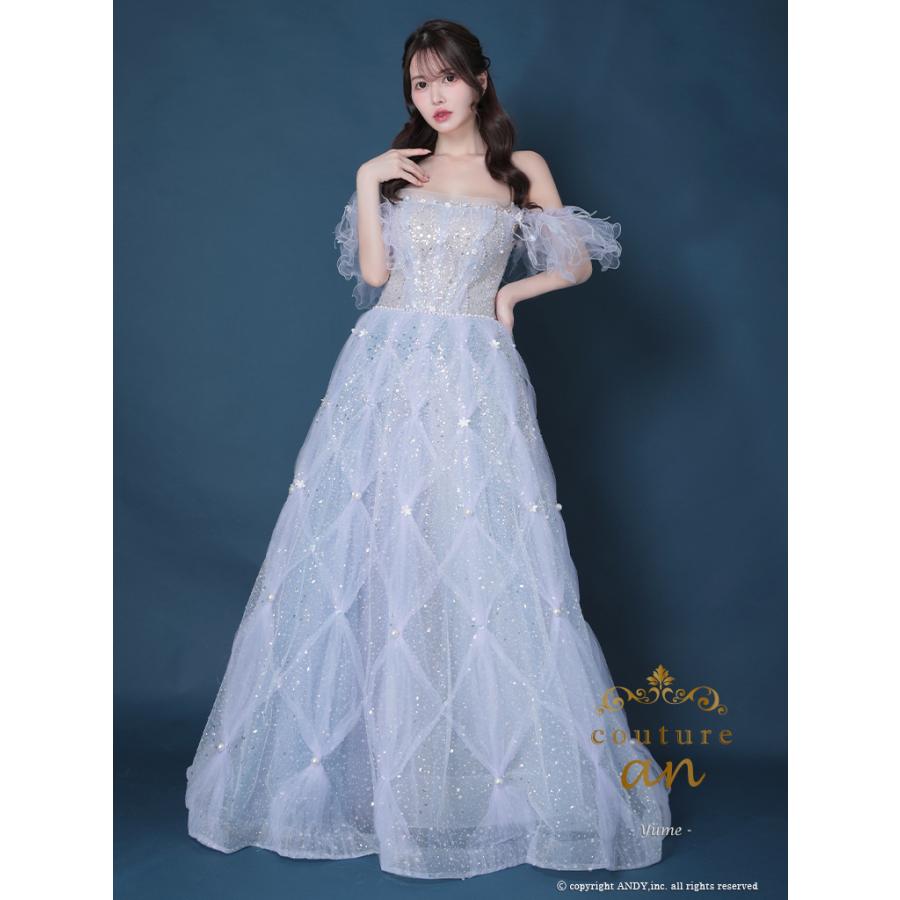 【取り寄せ商品】couturean クチュールアン 高級 オフショルダー ビジュー チュール フリル バースデー Aライン ロング キャバドレスの画像