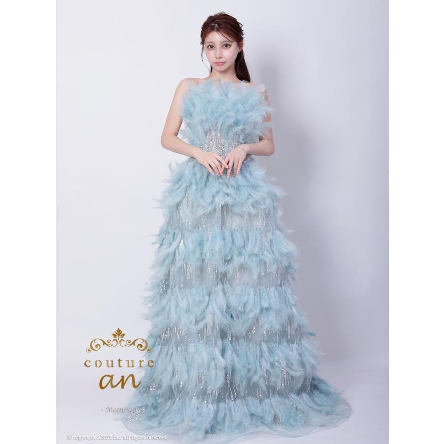 【取り寄せ商品】couturean クチュールアン 高級 ベアトップ フェザー ビジュー スパンコール ラメ バースデー Aライン キャバドレスの画像