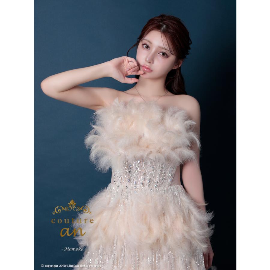 【取り寄せ商品】couturean クチュールアン 高級 ベアトップ フェザー ビジュー スパンコール ラメ バースデー Aライン キャバドレスの画像
