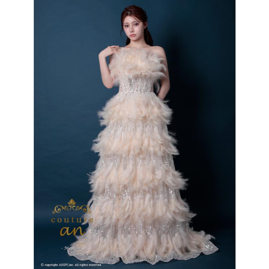 【取り寄せ商品】couturean クチュールアン 高級 ベアトップ フェザー ビジュー スパンコール ラメ バースデー Aライン キャバドレスの画像