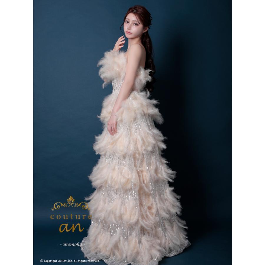【取り寄せ商品】couturean クチュールアン 高級 ベアトップ フェザー ビジュー スパンコール ラメ バースデー Aライン キャバドレスの画像