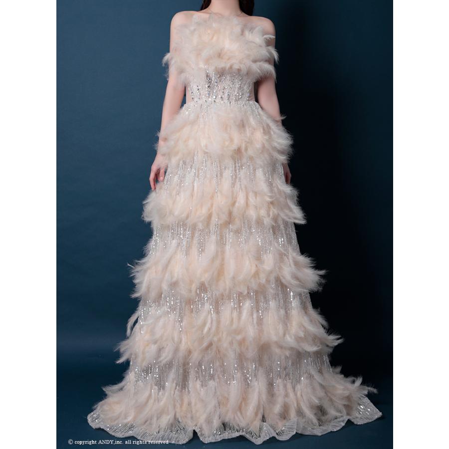 【取り寄せ商品】couturean クチュールアン 高級 ベアトップ フェザー ビジュー スパンコール ラメ バースデー Aライン キャバドレスの画像