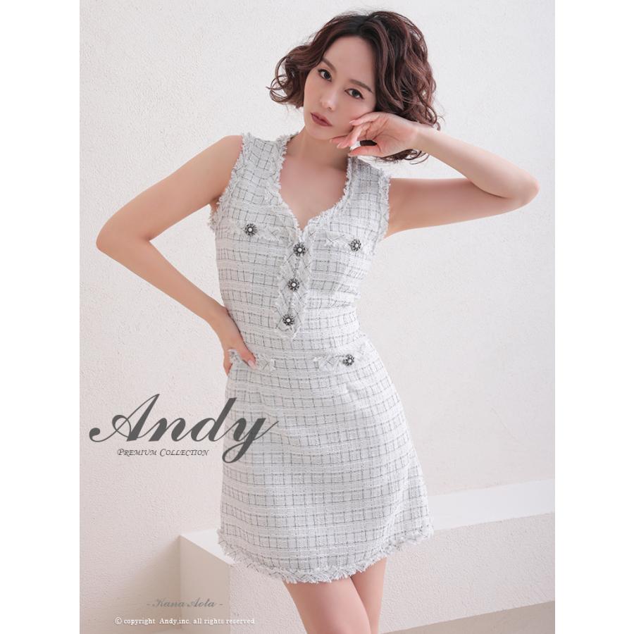 【取り寄せ商品】Andy アンディ チェック柄 ツイード ノースリーブ フリンジ ボタン フレア ミニドレスの画像