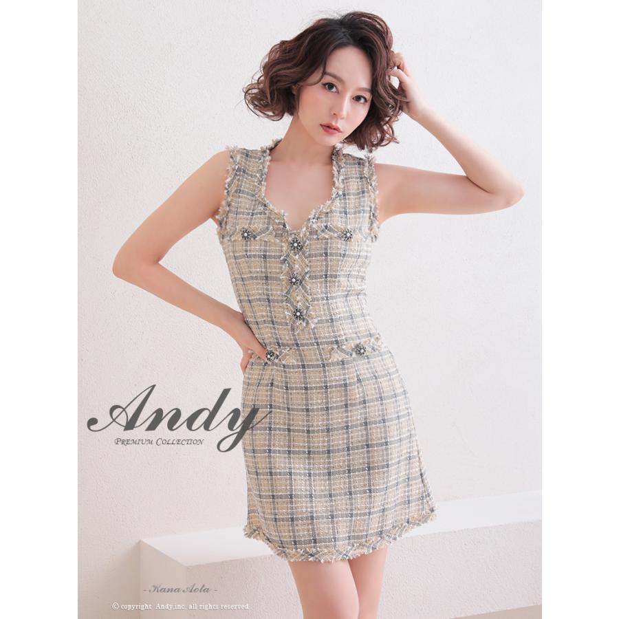 【取り寄せ商品】Andy アンディ チェック柄 ツイード ノースリーブ フリンジ ボタン フレア ミニドレスの画像