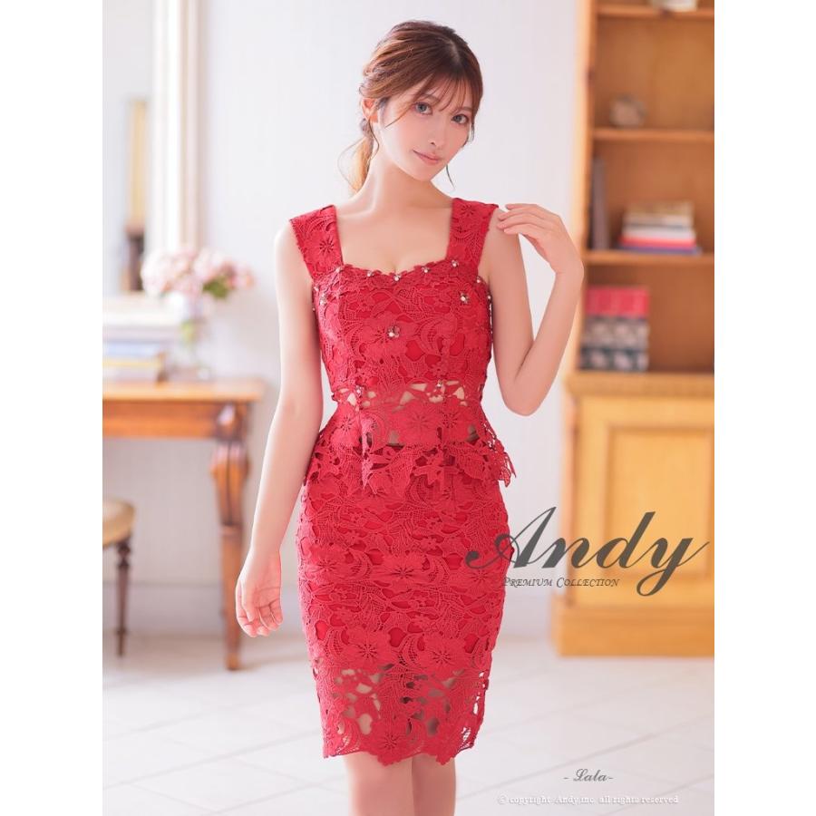 【取り寄せ商品】andy アンディ 高級 ワンカラー 花柄 レース セットアップ リボン ビジュー ノースリーブ 膝丈ドレスの画像