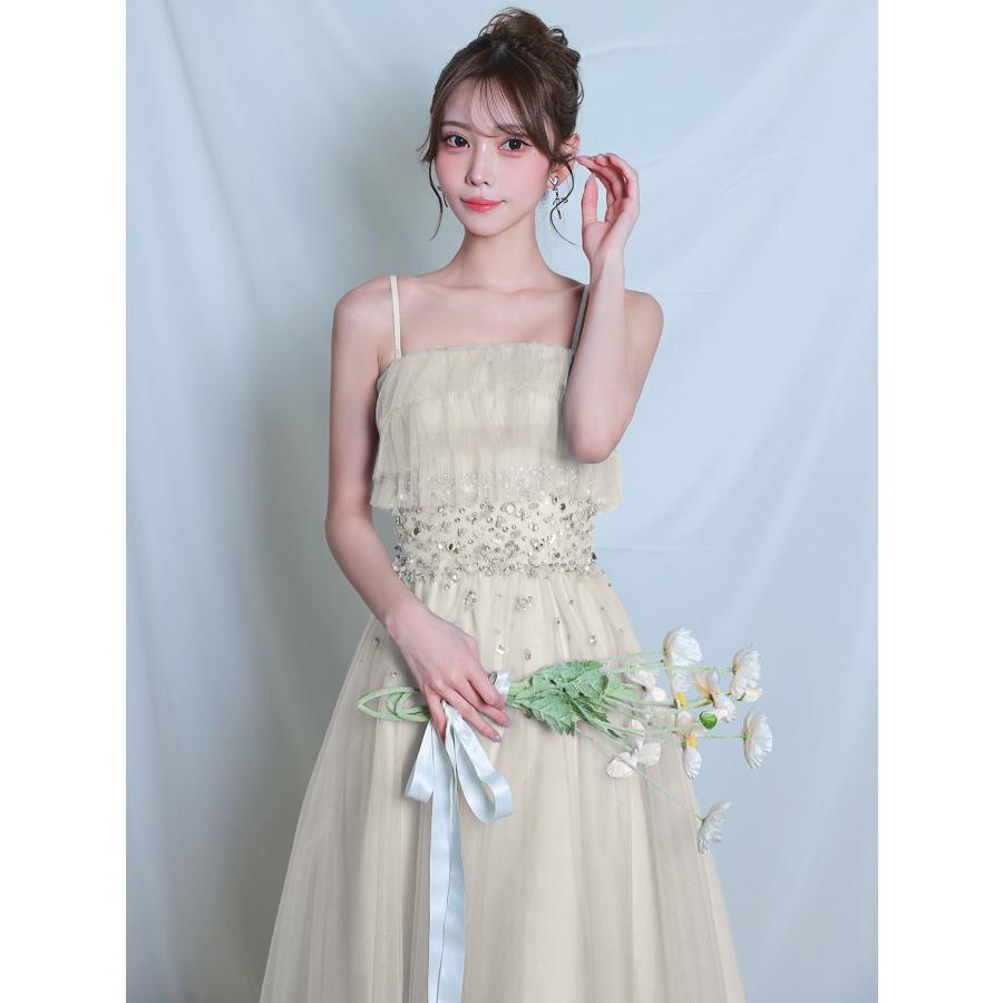 【取り寄せ商品】Angel-R 高級 ブランド Aラインロングドレス キャミソール 2way 胸元フリル シフォン ウエストビジュー スパンコールの画像