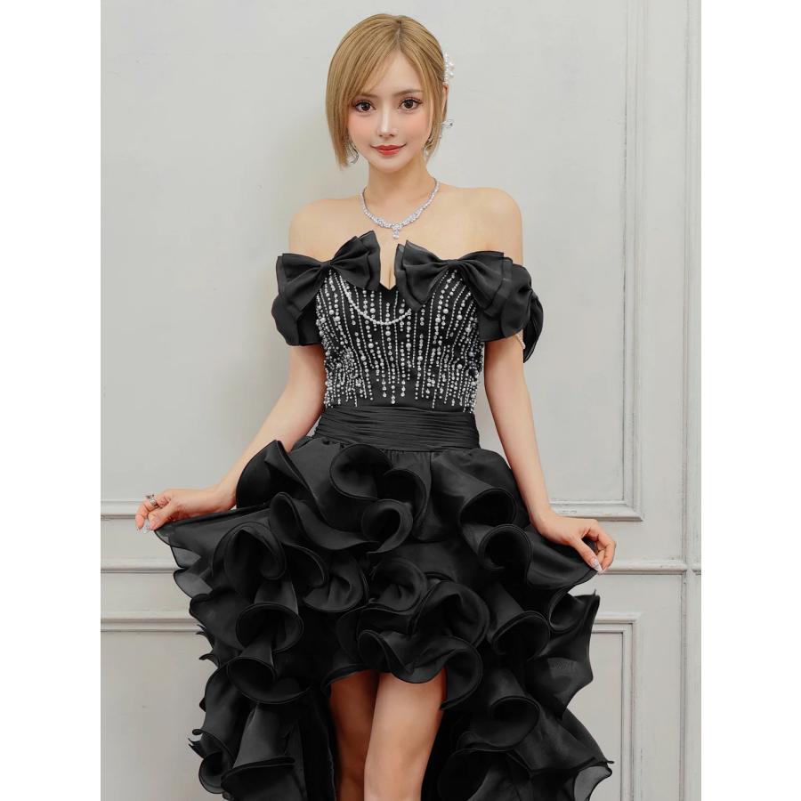 【取り寄せ商品】Angel-R エンジェルアール キャバドレス バースデー ブランド Aライン ロングテール 谷間 オフショルダー リボン ボリュームフリル ビジューの画像