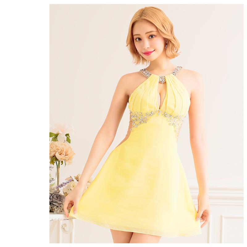 【取り寄せ商品】Angel-R エンジェルアール 高級 ホルターネック くびれ シアー ビジュー バストカット フレアミニドレスの画像