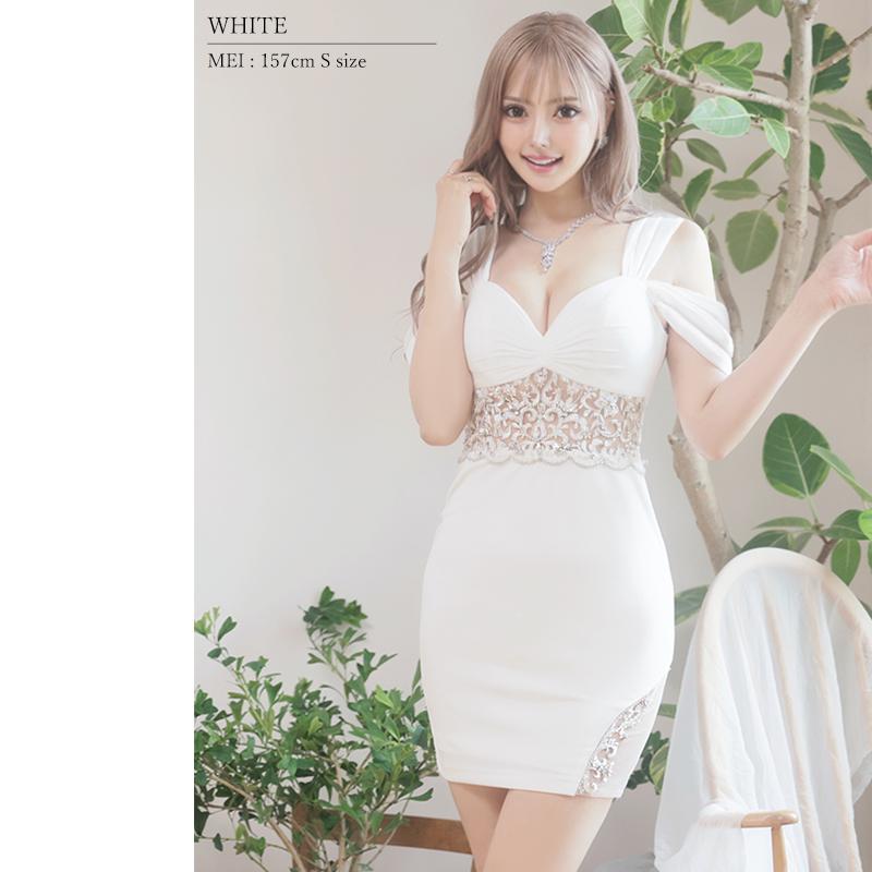 【取り寄せ商品】Angel-R エンジェルアール 高級 ワンカラー 肩あき シフォン スリーブ フラワー ビジュー タイトミニドレスの画像