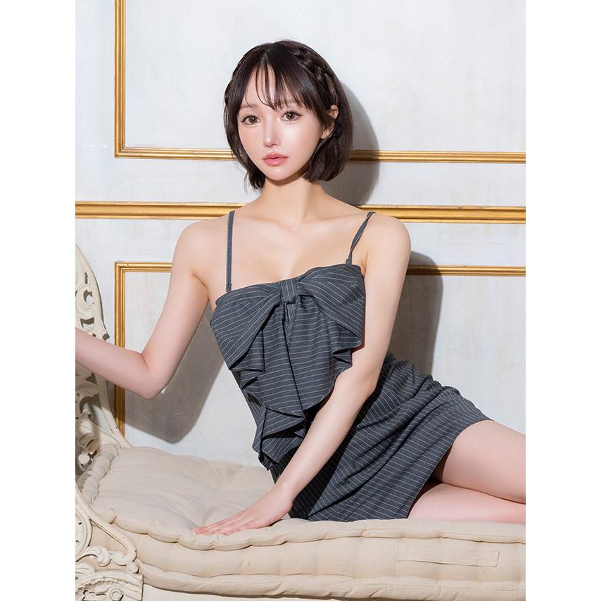 【取り寄せ商品】Angel-R エンジェルアール 高級 ブランド Aラインミニドレス 谷間 シンプル キャミソール ストライプデザイン 2way ベアトップ フロントリボンの画像