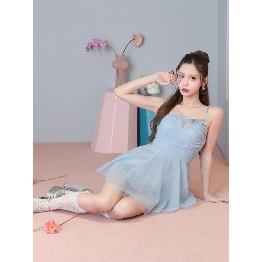 【取り寄せ商品】Angel-R エンジェルアール 高級 ブランド Aラインミニドレス キャミソール ワンピース 谷間 シースルー リボン ドット柄 チュール サテンの画像