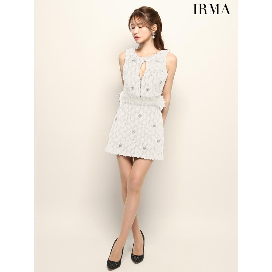【即日発送】IRMA イルマ キャバドレス 高級 ブランド タイトミニドレス 谷間 セットアップ ノースリーブ ジップ フリンジ ニット ビジューフェザー付きの画像