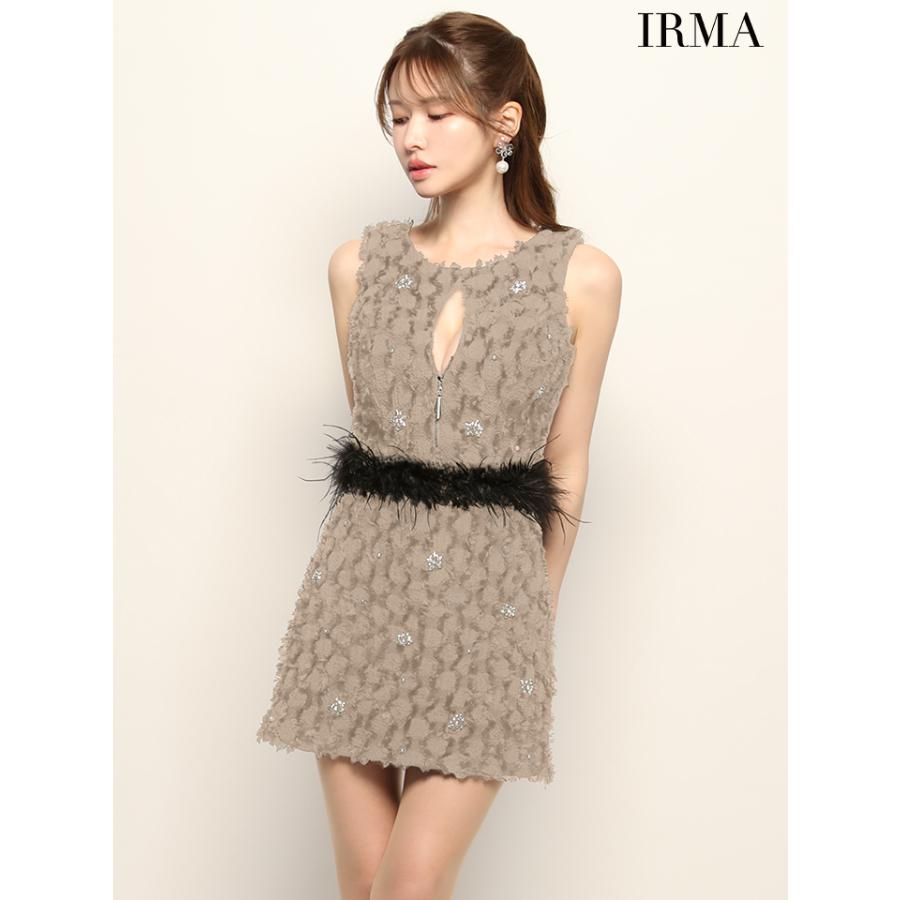 【即日発送】IRMA イルマ キャバドレス 高級 ブランド タイトミニドレス 谷間 セットアップ ノースリーブ ジップ フリンジ ニット ビジューフェザー付きの画像