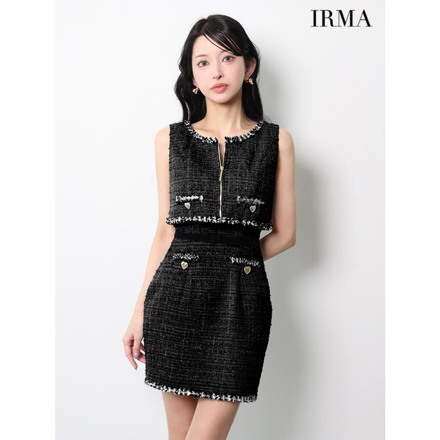 【即日発送】IRMA イルマ キャバドレス 高級 ブランド タイトミニドレス セットアップ ノースリーブ キャミソール ウエストリボン ツイード ジップトップスの画像