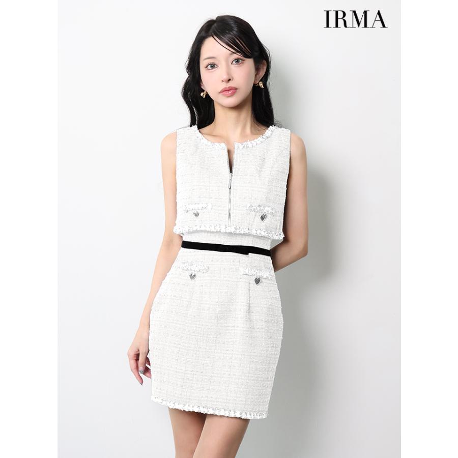 【即日発送】IRMA イルマ キャバドレス 高級 ブランド タイトミニドレス セットアップ ノースリーブ キャミソール ウエストリボン ツイード ジップトップスの画像