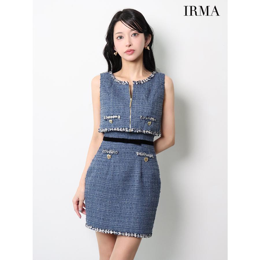 【即日発送】IRMA イルマ キャバドレス 高級 ブランド タイトミニドレス セットアップ ノースリーブ キャミソール ウエストリボン ツイード ジップトップスの画像