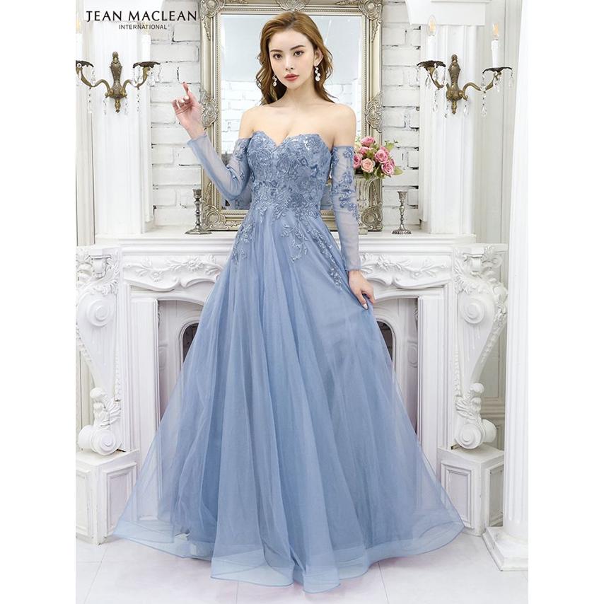 【即日発送】JEANMACLEAN ジャンマクレーン 高級 チュール オフショルダー 刺繍 スパンコール レーススリーブ付き バースデー Aライン ロングドレスの画像