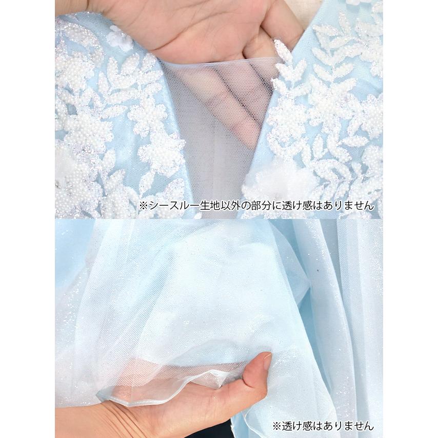 ロング カラードレス ノースリーブ フェミニン 3Dフラワー 刺繍 谷間見せ バストシースルー 背中見せ ボリュームチュール バースデー Aライン ロングドレス 高級の画像