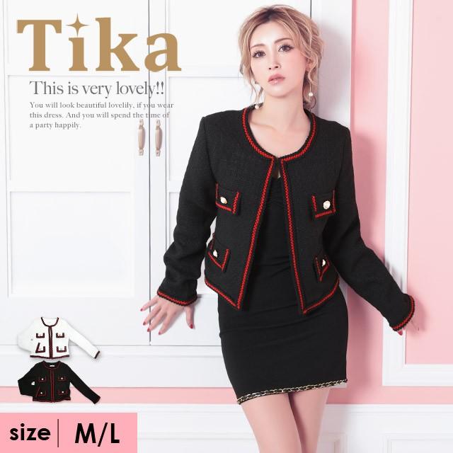 キャバ ジャケット レディース パイピング 大きいサイズ 赤 金ボタン ゴールド Tika ティカ パール付き ノーカラー ツイードジャケット ホワイト ブラック M L Najk02 Tika ヤフーショッピング店 通販 Yahoo ショッピング