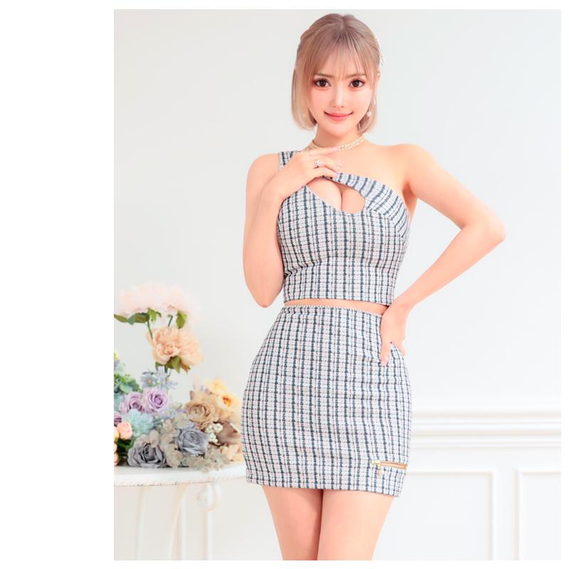 【取り寄せ商品】PURESS ピュアレス 高級チェック柄 バストカット 肩あき ワンショルダー セットアップ タイトミニドレスの画像